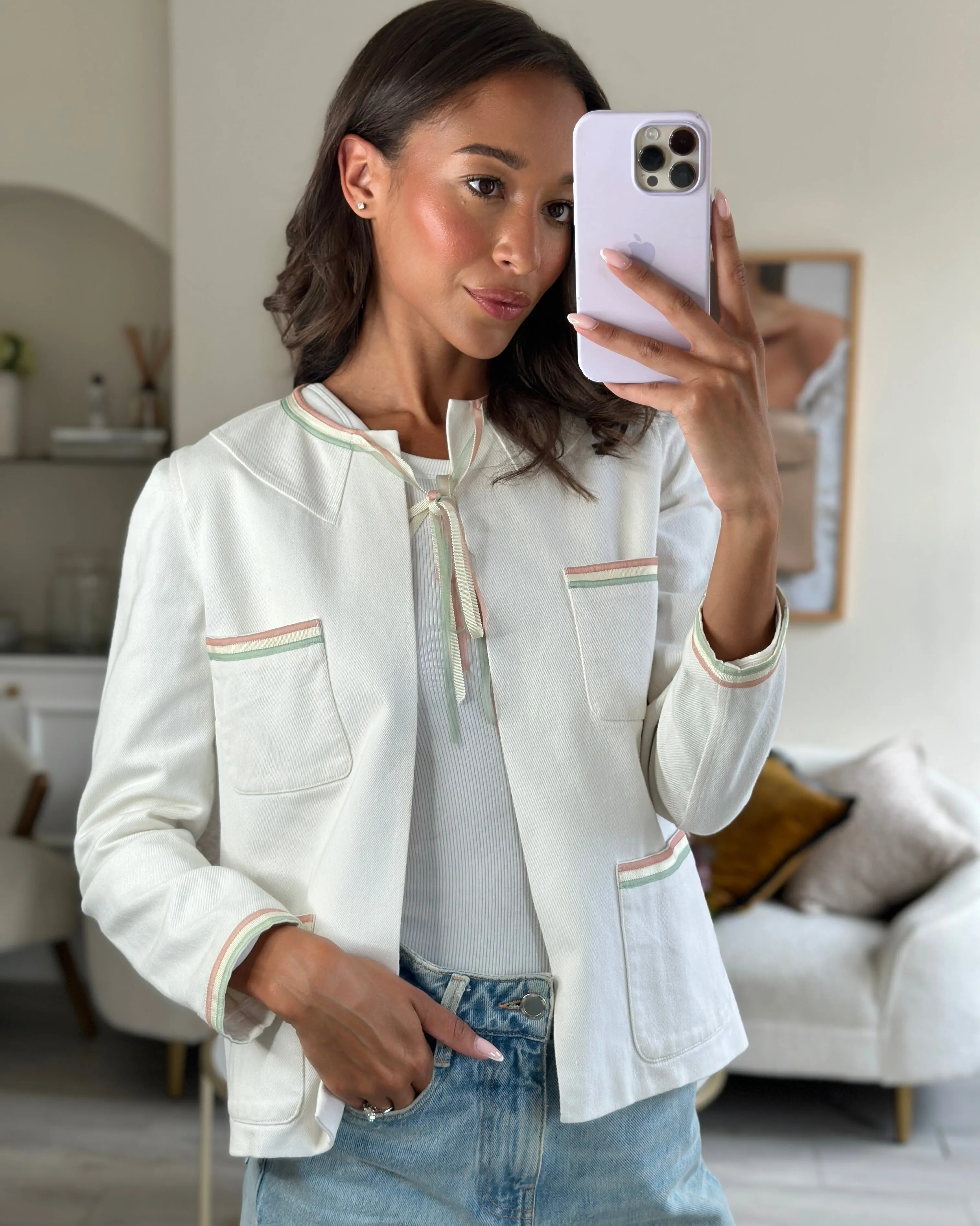 Chanel 04/c White Round Neck Jacket With Pastel Trim Detail Fr 36 (uk 8)