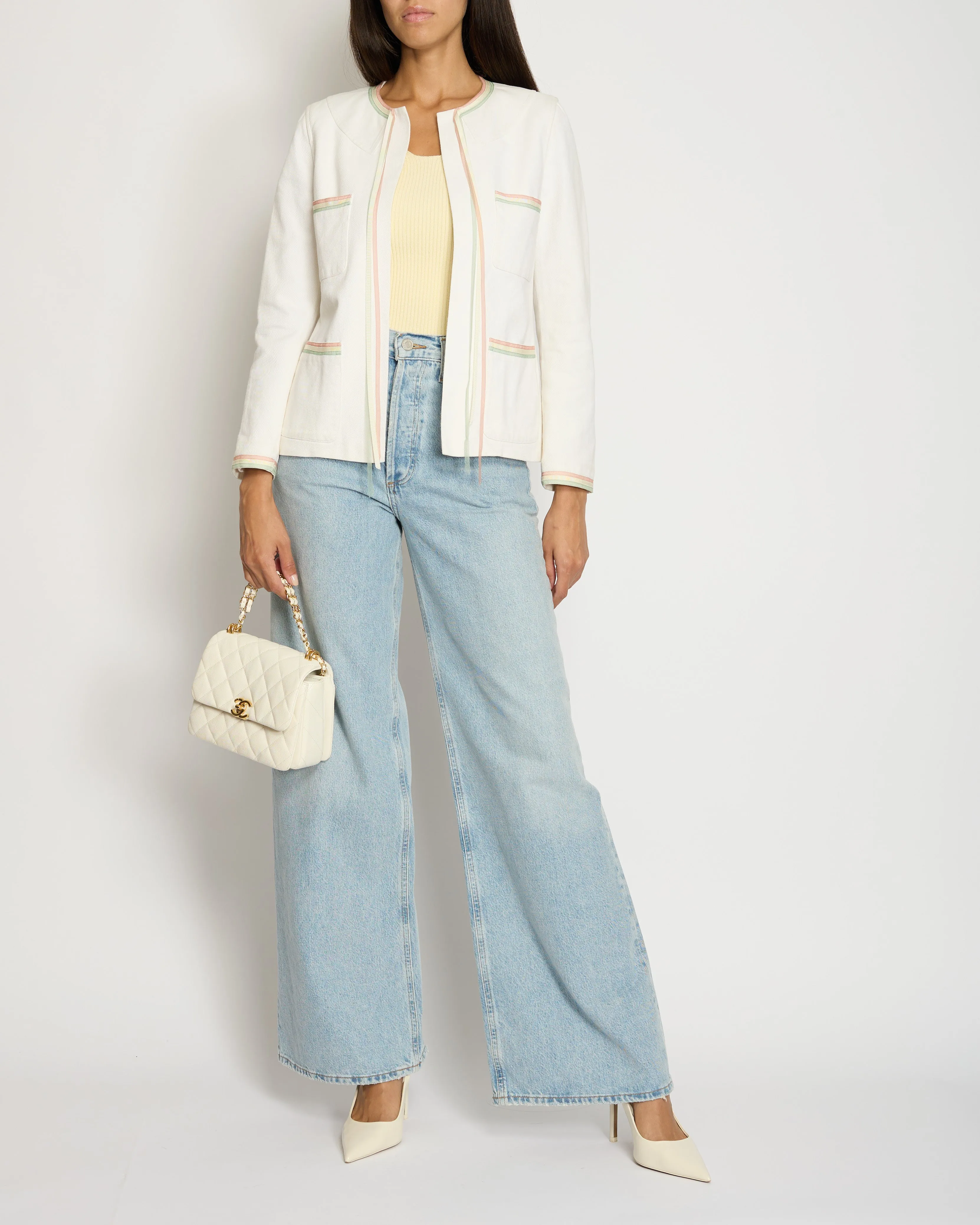 Chanel 04/c White Round Neck Jacket With Pastel Trim Detail Fr 36 (uk 8)