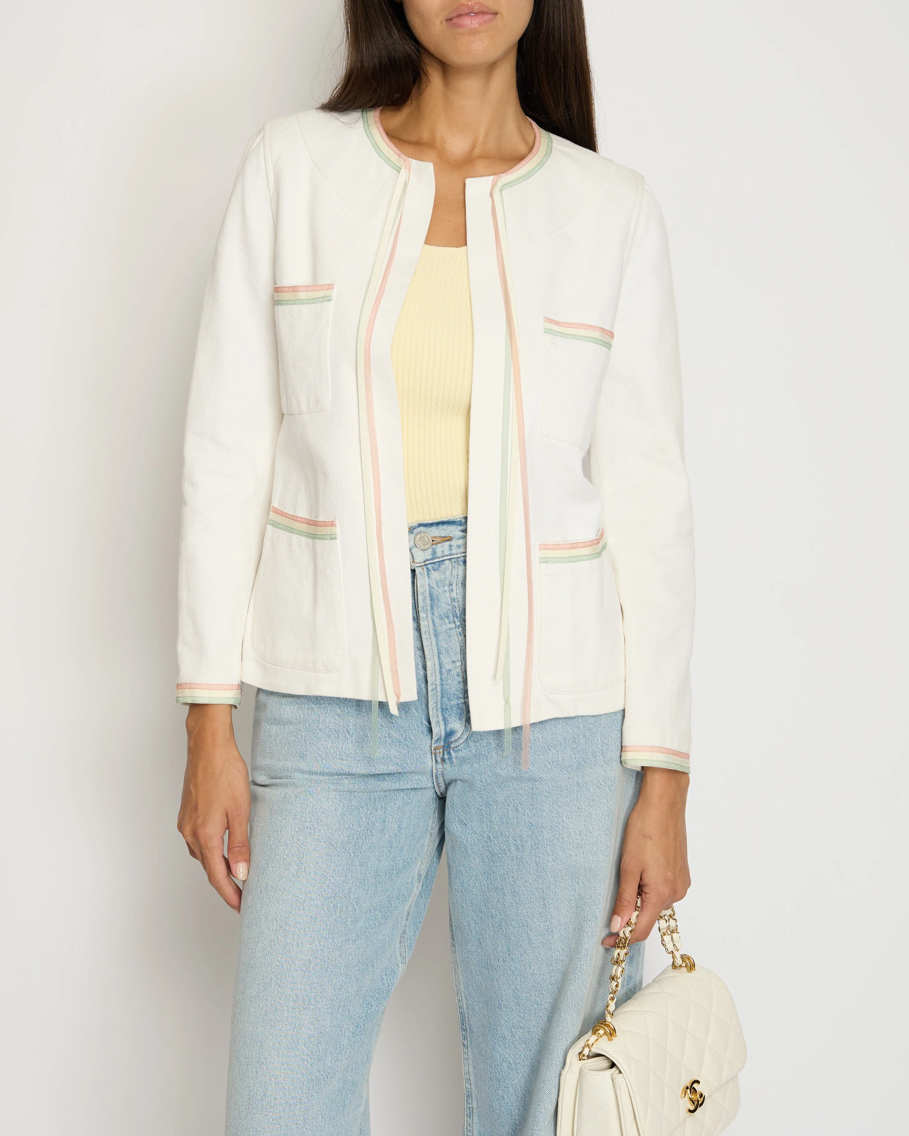 Chanel 04/c White Round Neck Jacket With Pastel Trim Detail Fr 36 (uk 8)
