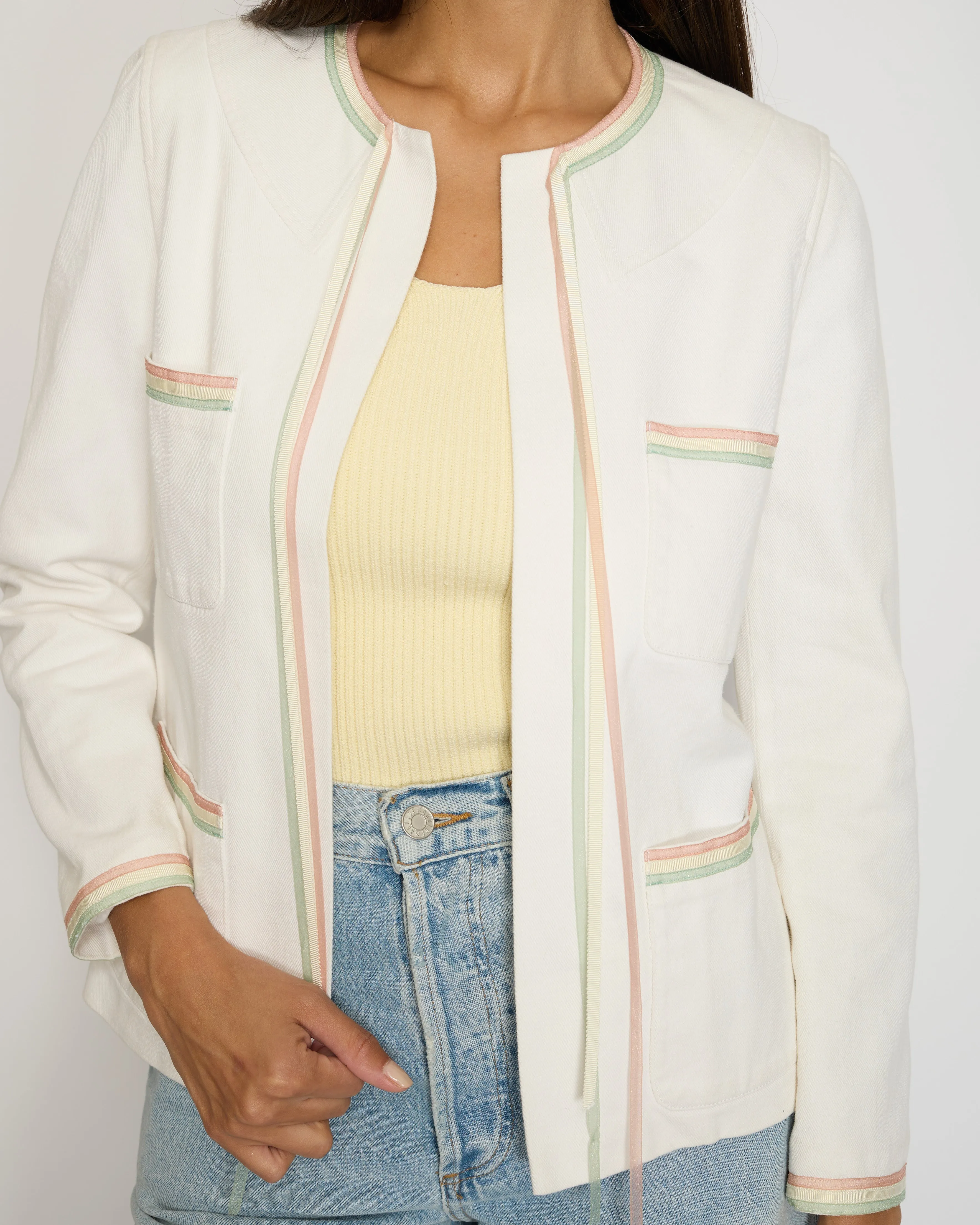 Chanel 04/c White Round Neck Jacket With Pastel Trim Detail Fr 36 (uk 8)