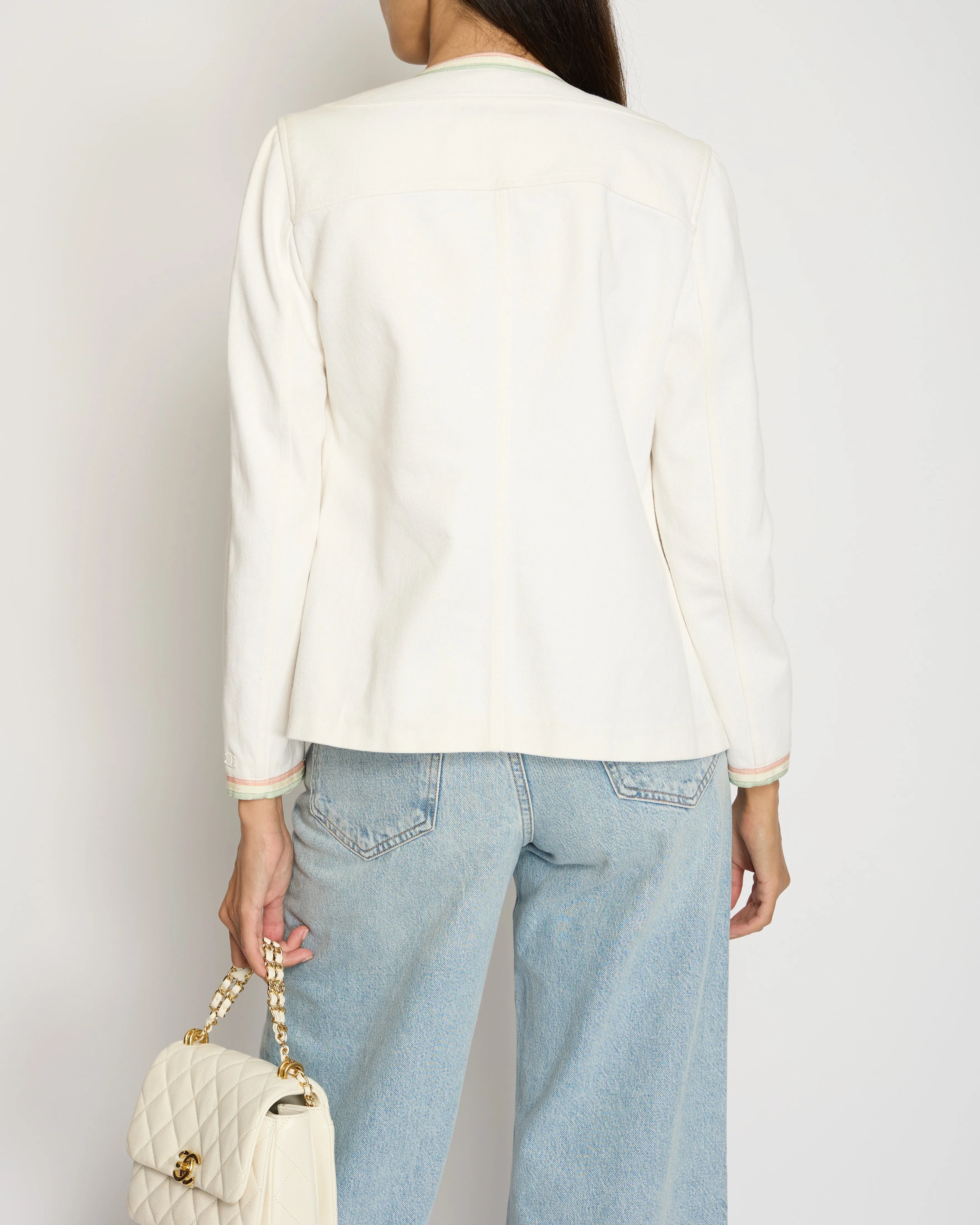 Chanel 04/c White Round Neck Jacket With Pastel Trim Detail Fr 36 (uk 8)