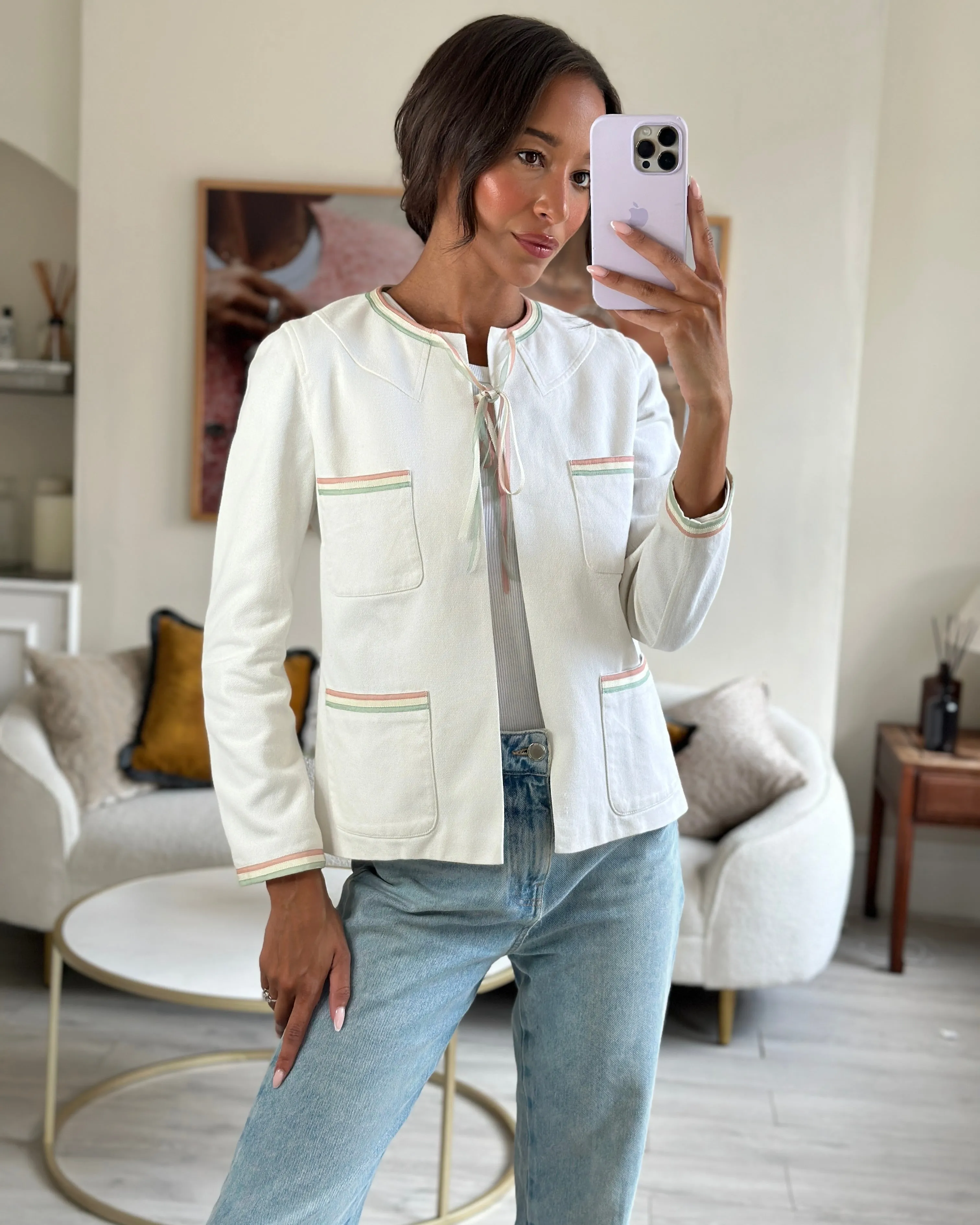 Chanel 04/c White Round Neck Jacket With Pastel Trim Detail Fr 36 (uk 8)