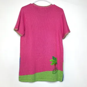 Charming Quacker Factory Womens Size Small Short Sleeve Sweater Shirt Pink Flamingos Palm Trees Pre-Owned