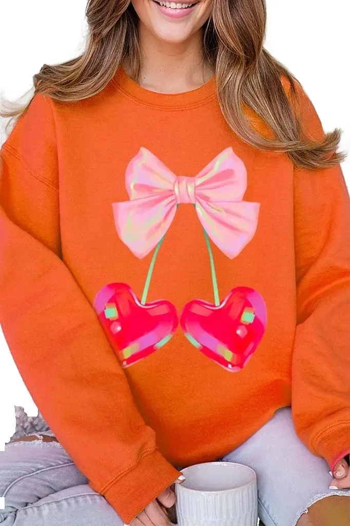 Cherry Pink Bow Graphic Fleece Sweatshirts