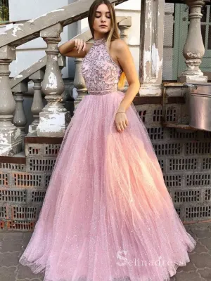 Chic A-line High Neck Sparkly Long Prom Dresses Pink Beaded Evening Gowns MHL169