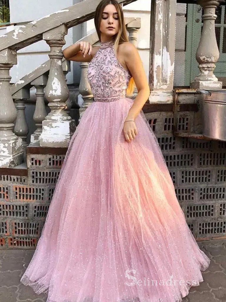 Chic A-line High Neck Sparkly Long Prom Dresses Pink Beaded Evening Gowns MHL169