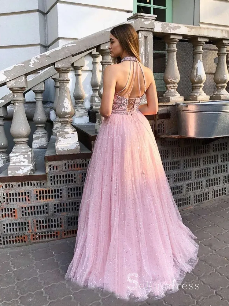 Chic A-line High Neck Sparkly Long Prom Dresses Pink Beaded Evening Gowns MHL169