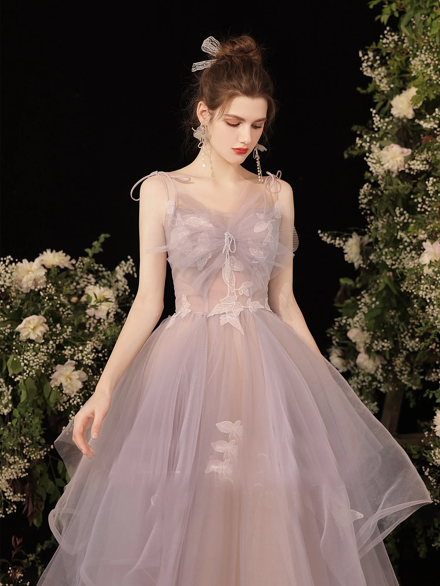 Chic A-line Spaghetti Straps Anomalistic Long Prom Dresses Tulle Formal Gowns Evening Dress OSTY063