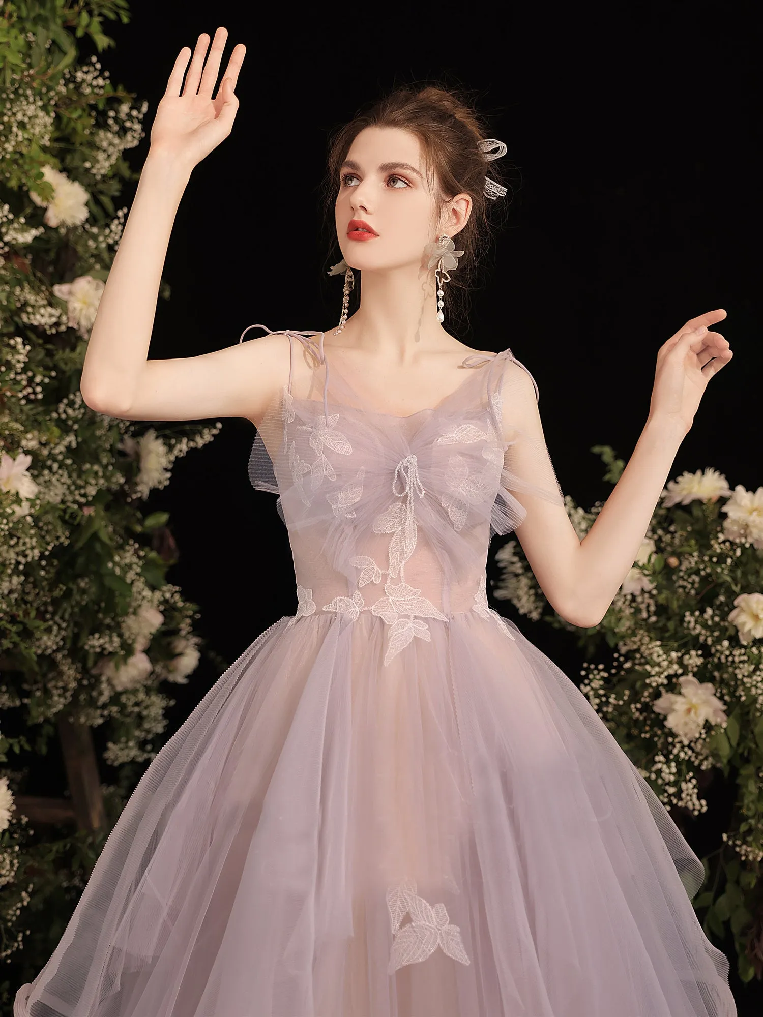 Chic A-line Spaghetti Straps Anomalistic Long Prom Dresses Tulle Formal Gowns Evening Dress OSTY063