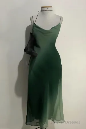 Chic A Line Spaghetti Straps Green Chiffon Evening Dress Prom Dresses