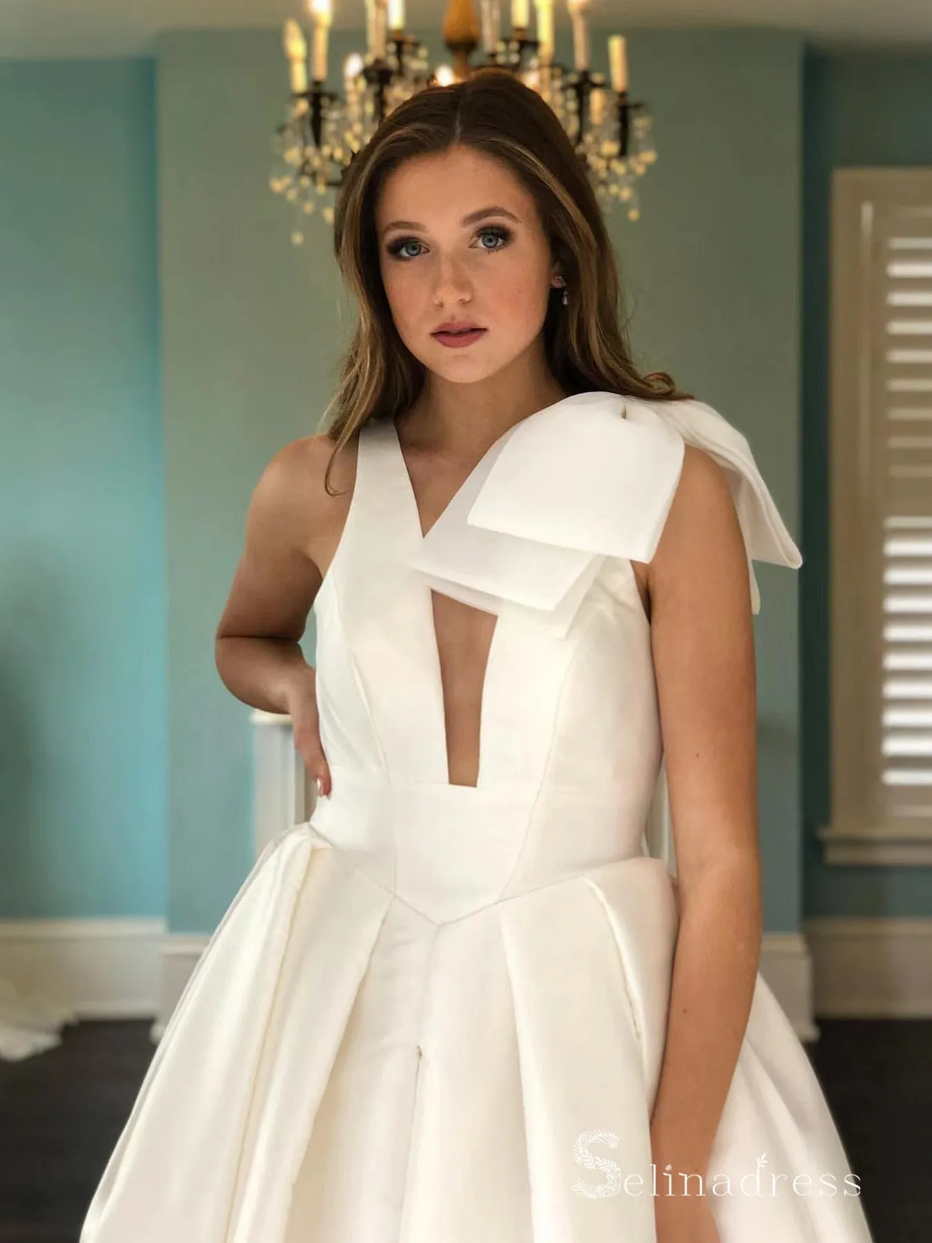 Chic A-line V neck Ivory Satin Cheap Long Prom Dresses Evening Dresses MLH2013