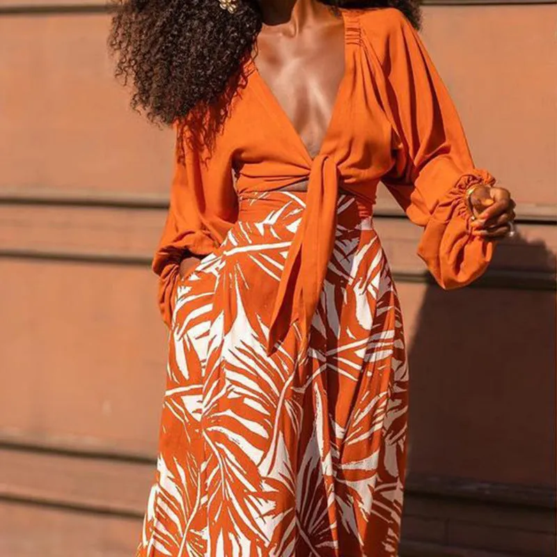 Chic Autumn Vibes Printed V-Neck Long Sleeve Two-Piece Dress