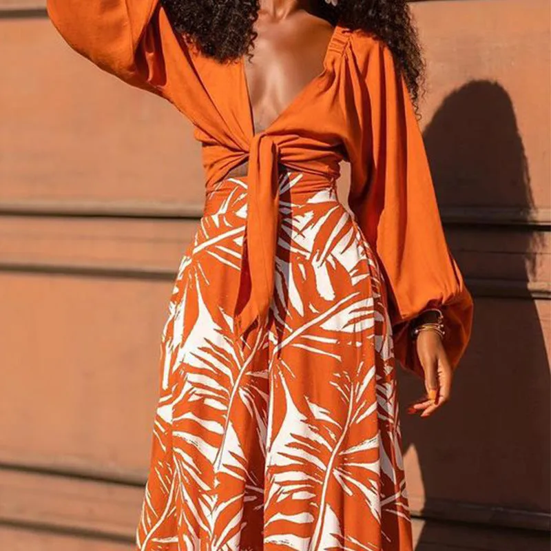 Chic Autumn Vibes Printed V-Neck Long Sleeve Two-Piece Dress