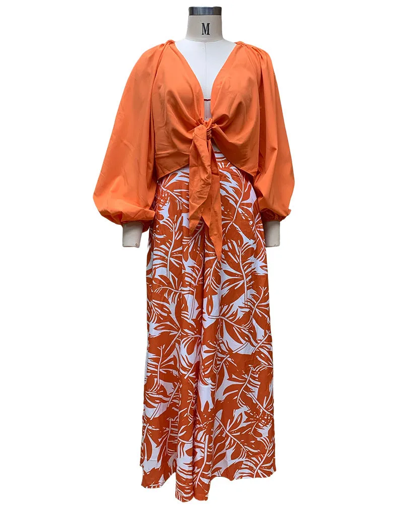 Chic Autumn Vibes Printed V-Neck Long Sleeve Two-Piece Dress
