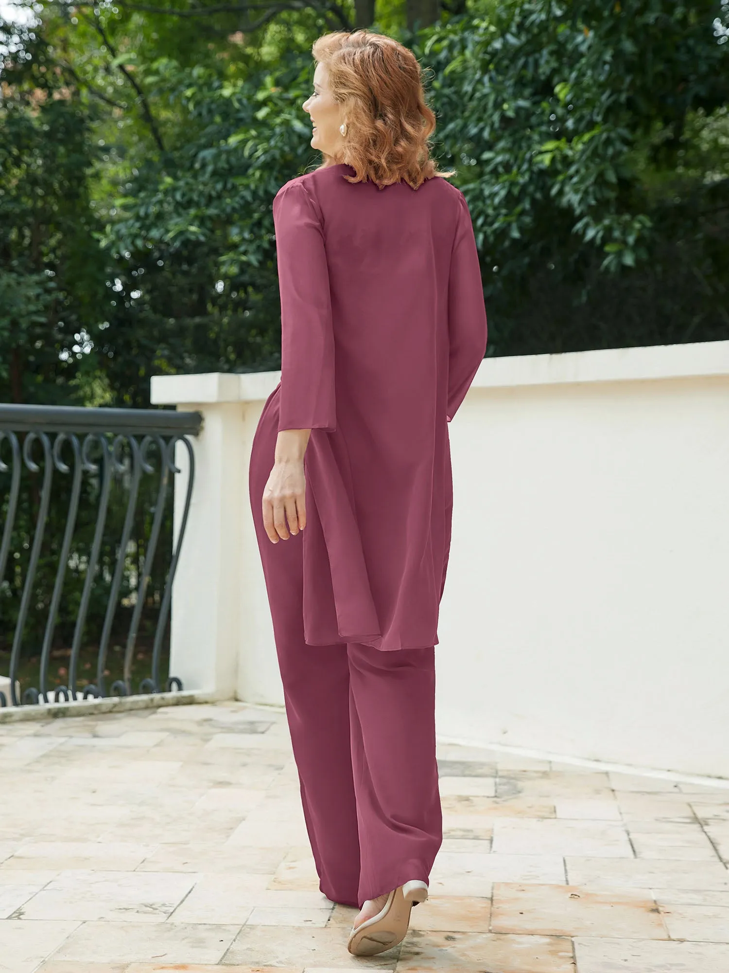 Chic Lace Top Pant Suit with Jacket Mulberry