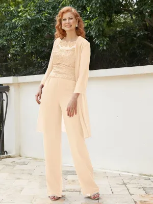 Chic Lace Top Pant Suit with Jacket Peach
