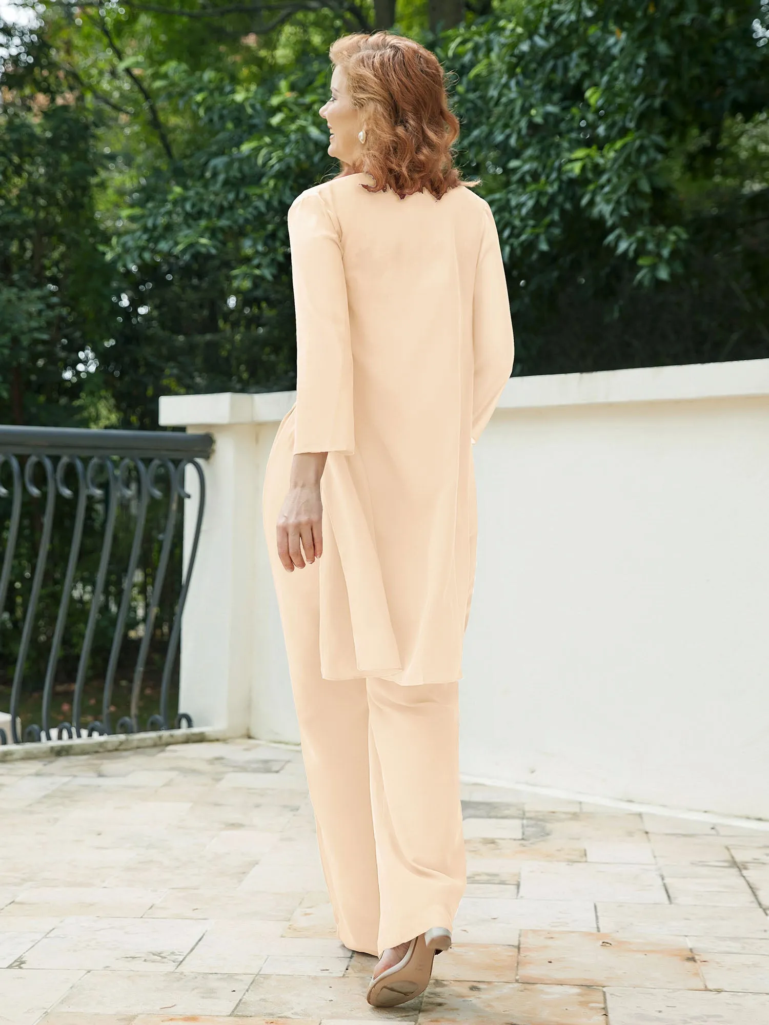 Chic Lace Top Pant Suit with Jacket Peach