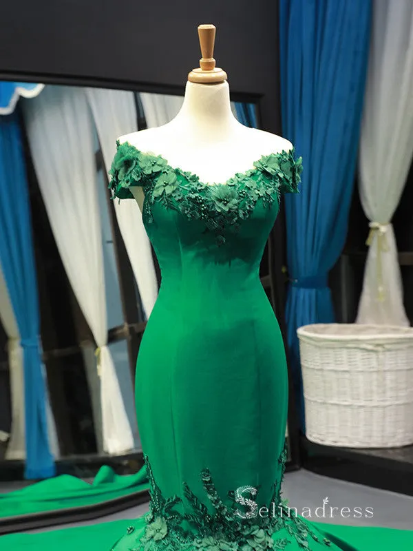 Chic Mermaid Off-the-shoulder luxury Prom Dress Applique Green Prom Dresses Evening Gowns MLH0453