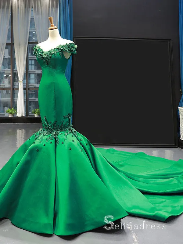 Chic Mermaid Off-the-shoulder luxury Prom Dress Applique Green Prom Dresses Evening Gowns MLH0453