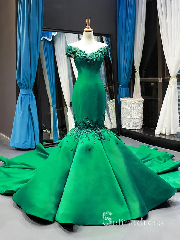 Chic Mermaid Off-the-shoulder luxury Prom Dress Applique Green Prom Dresses Evening Gowns MLH0453