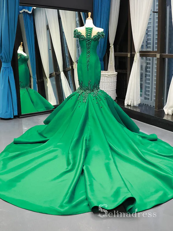 Chic Mermaid Off-the-shoulder luxury Prom Dress Applique Green Prom Dresses Evening Gowns MLH0453