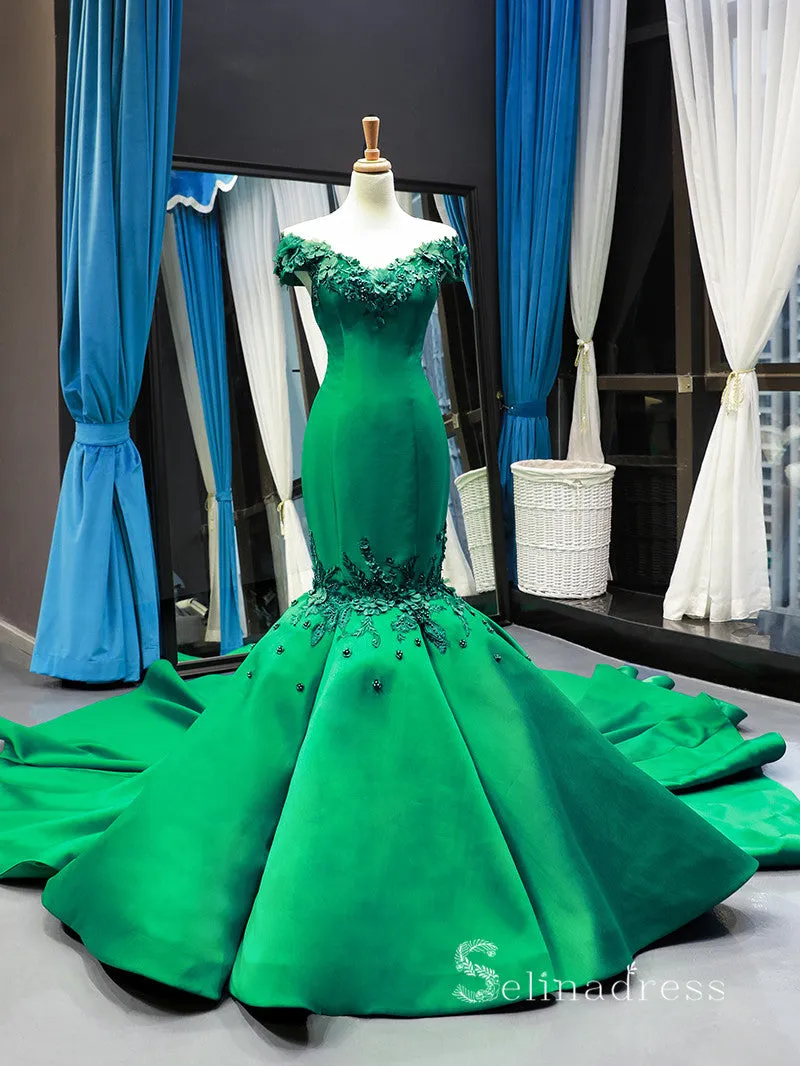 Chic Mermaid Off-the-shoulder luxury Prom Dress Applique Green Prom Dresses Evening Gowns MLH0453