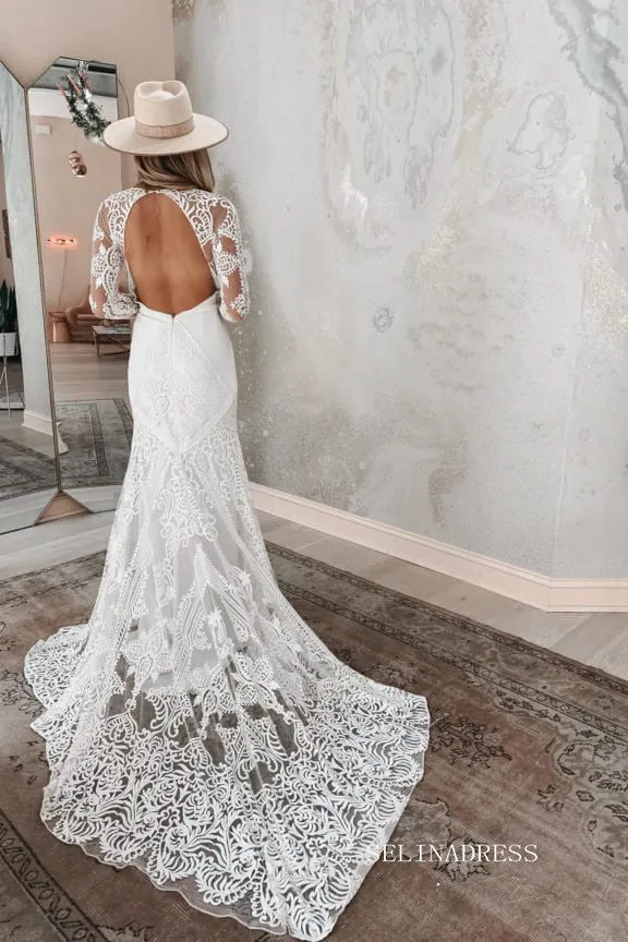 Chic Mermaid V neck Boho Wedding Dress Rustic Long Sleeve Lace Wedding Gowns MLS044