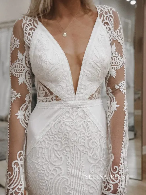 Chic Mermaid V neck Boho Wedding Dress Rustic Long Sleeve Lace Wedding Gowns MLS044