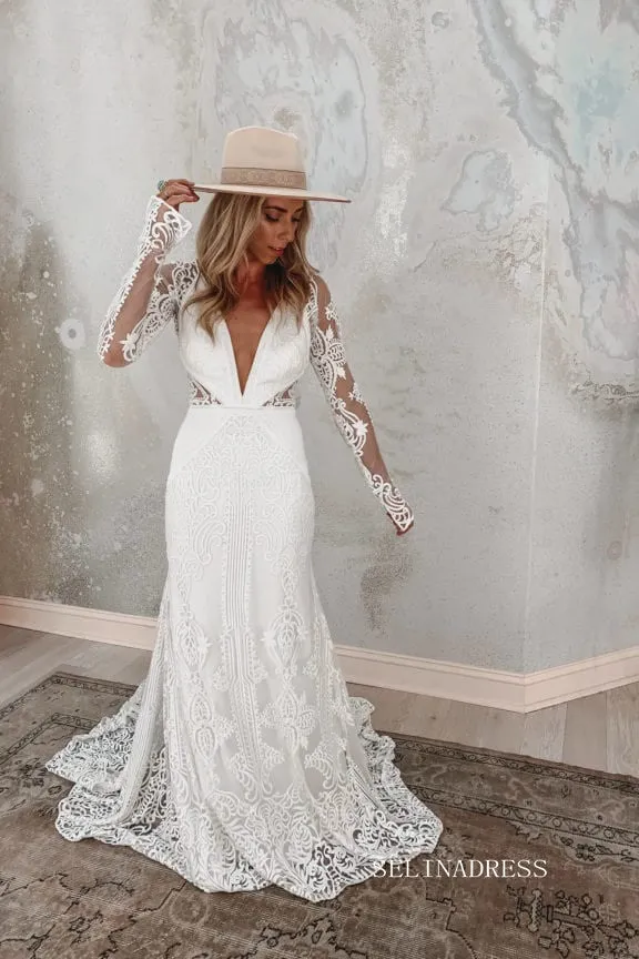 Chic Mermaid V neck Boho Wedding Dress Rustic Long Sleeve Lace Wedding Gowns MLS044