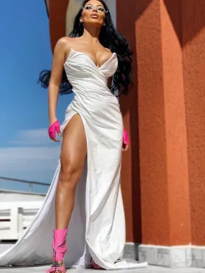 Chic Sheath/Column V neck White Sexy Long Prom Dresses Cheap Satin Evening Gowns MLH053