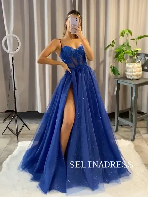 Chic Spaghetti Straps Unique Long Prom Dresses Royal Blue  Formal Dresses TKH018