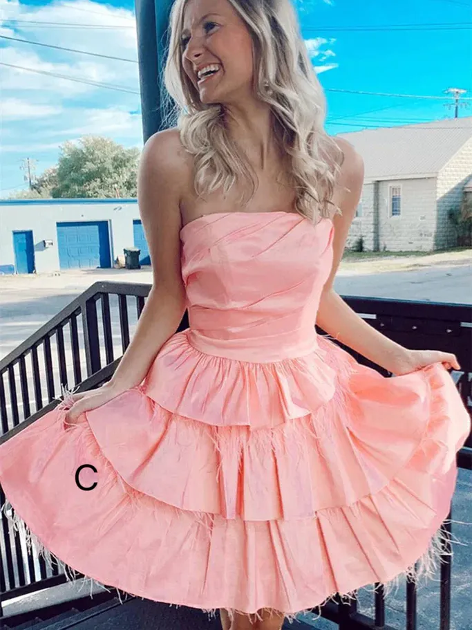 Chic Strapless Hot Pink Short Prom Dress Feather Homecoming Dress #TKL2172