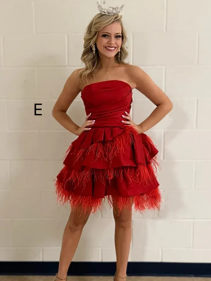Chic Strapless Hot Pink Short Prom Dress Feather Homecoming Dress #TKL2172