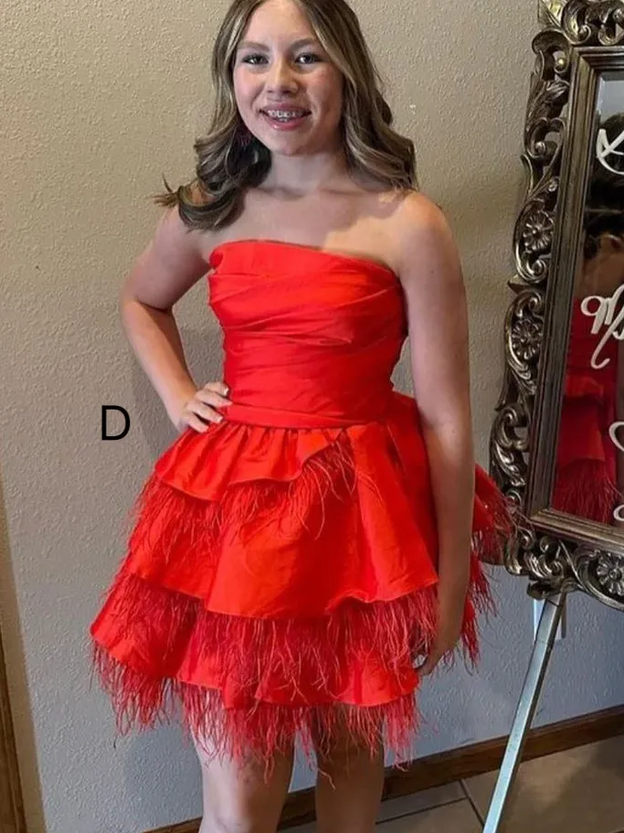 Chic Strapless Hot Pink Short Prom Dress Feather Homecoming Dress #TKL2172