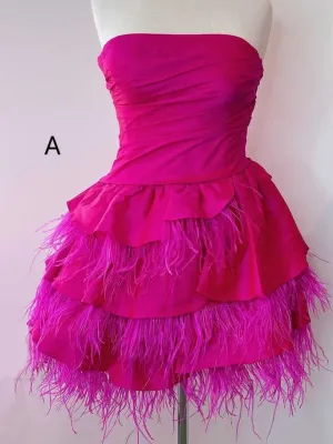 Chic Strapless Hot Pink Short Prom Dress Feather Homecoming Dress #TKL2172