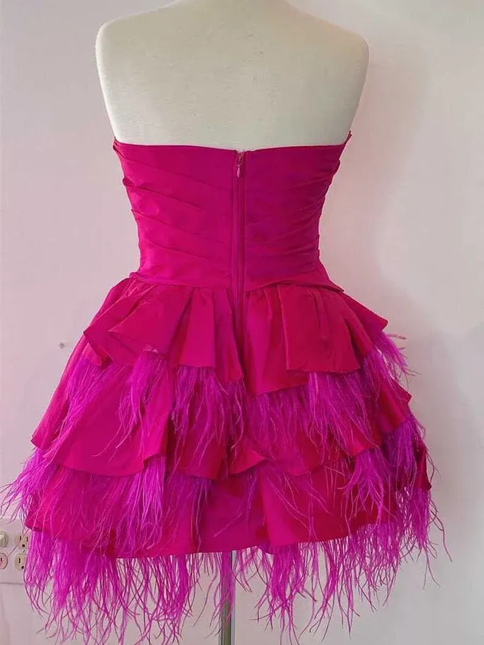 Chic Strapless Hot Pink Short Prom Dress Feather Homecoming Dress #TKL2172