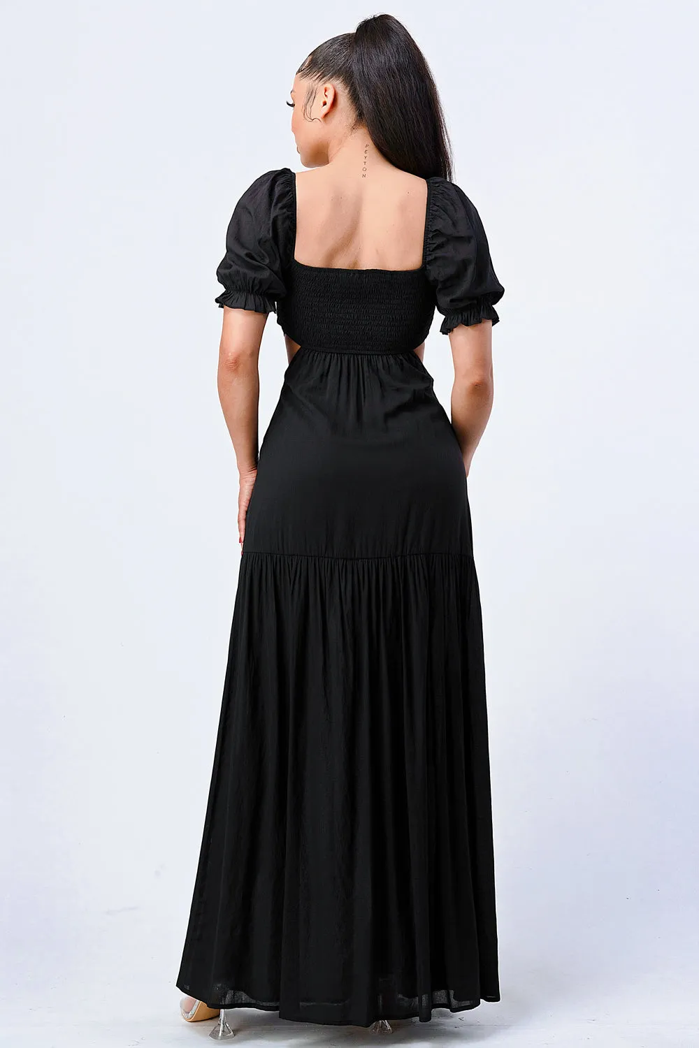 CHIC SWEETHEART SELF BELTED SIDE CUT MAXI DRESS