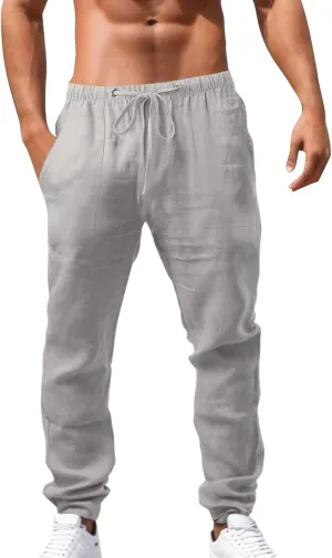 Cotton Linen Workout Pants for Men Breathable Comfy Trousers Summer Loose Fit Baggy Long Pant Hiking Gym Joggers Chino Pants Slim Fit Mens Ice Skating Tights