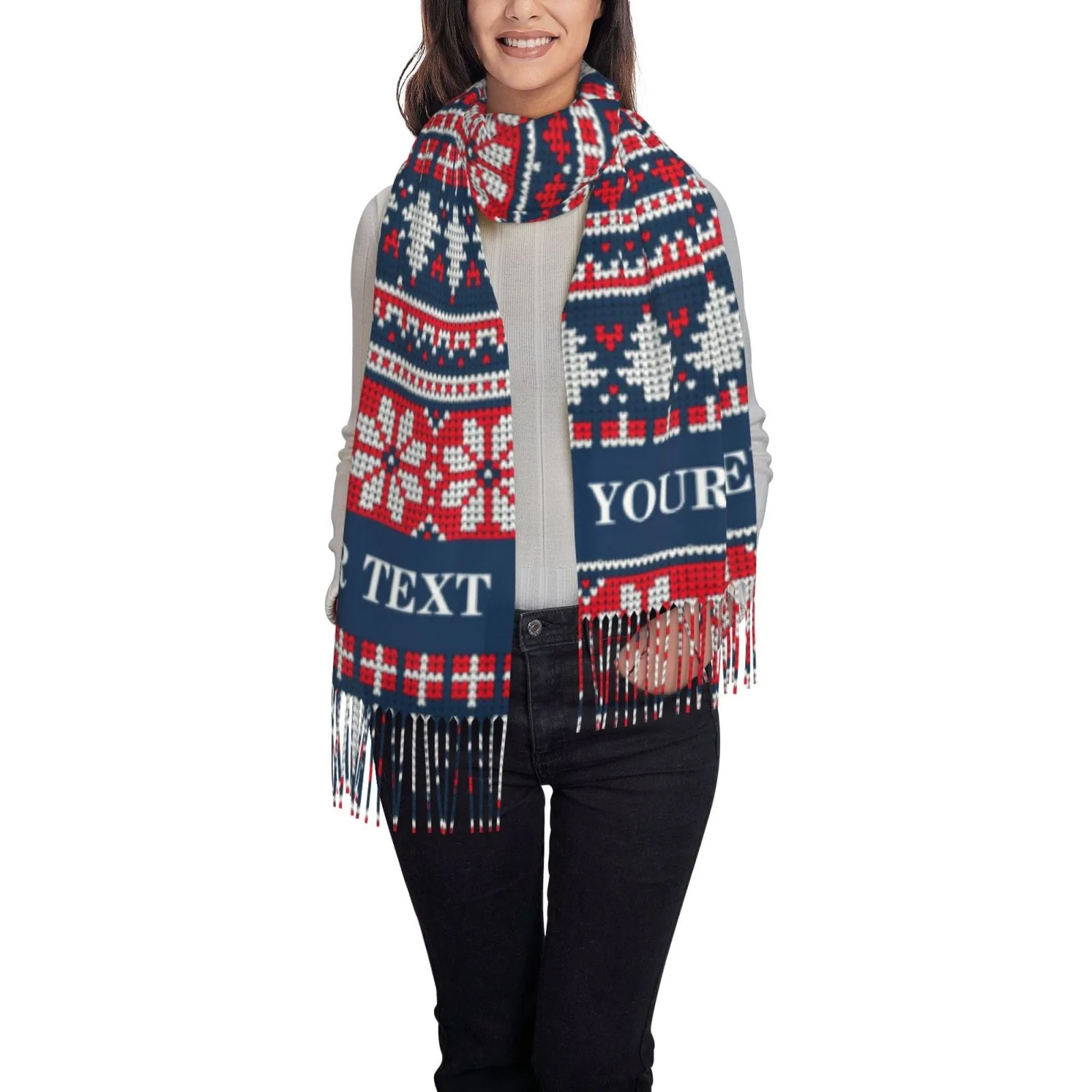 Custom Text Christmas Tree Snowflake Multicolor Women's Tassel Scarf