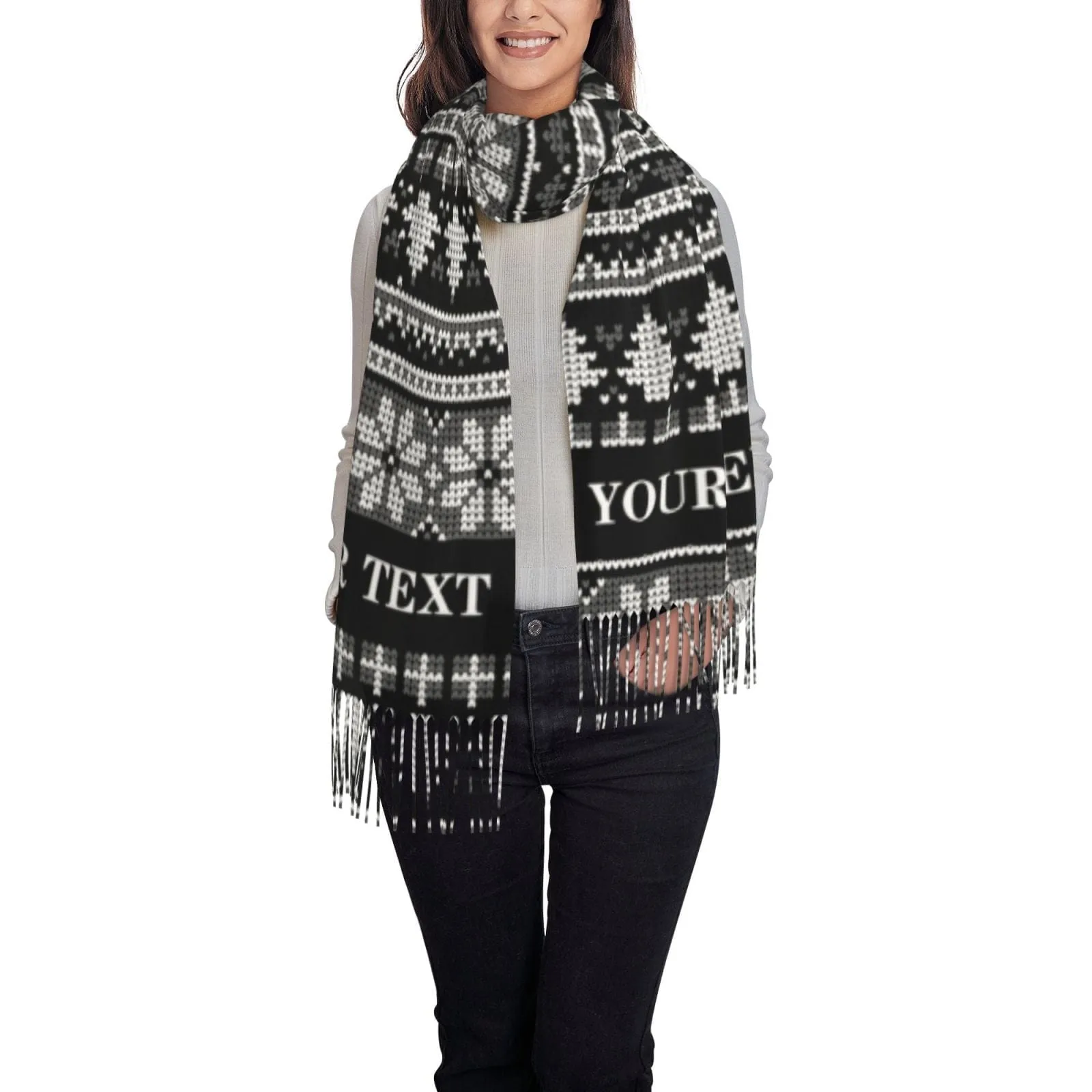 Custom Text Christmas Tree Snowflake Multicolor Women's Tassel Scarf
