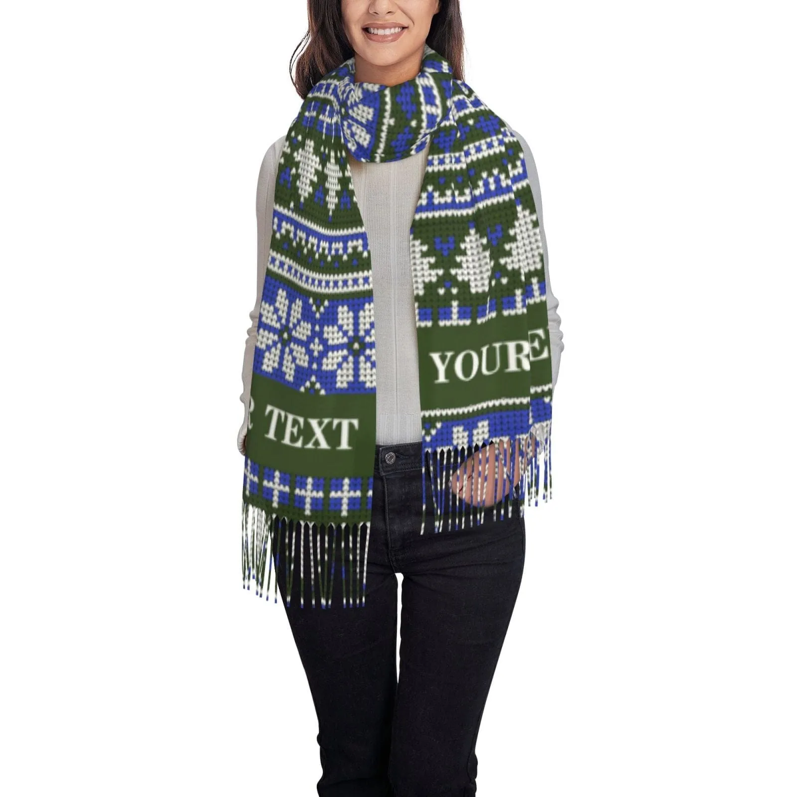 Custom Text Christmas Tree Snowflake Multicolor Women's Tassel Scarf