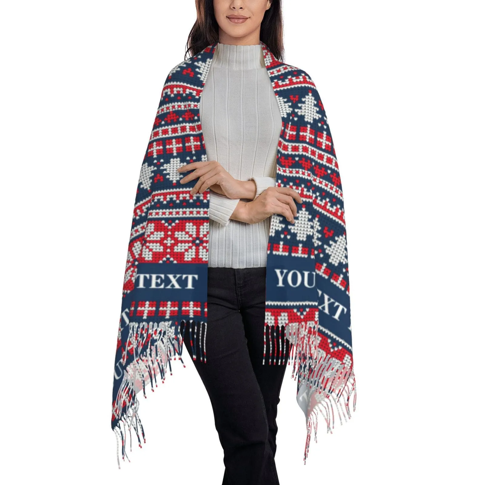 Custom Text Christmas Tree Snowflake Multicolor Women's Tassel Scarf
