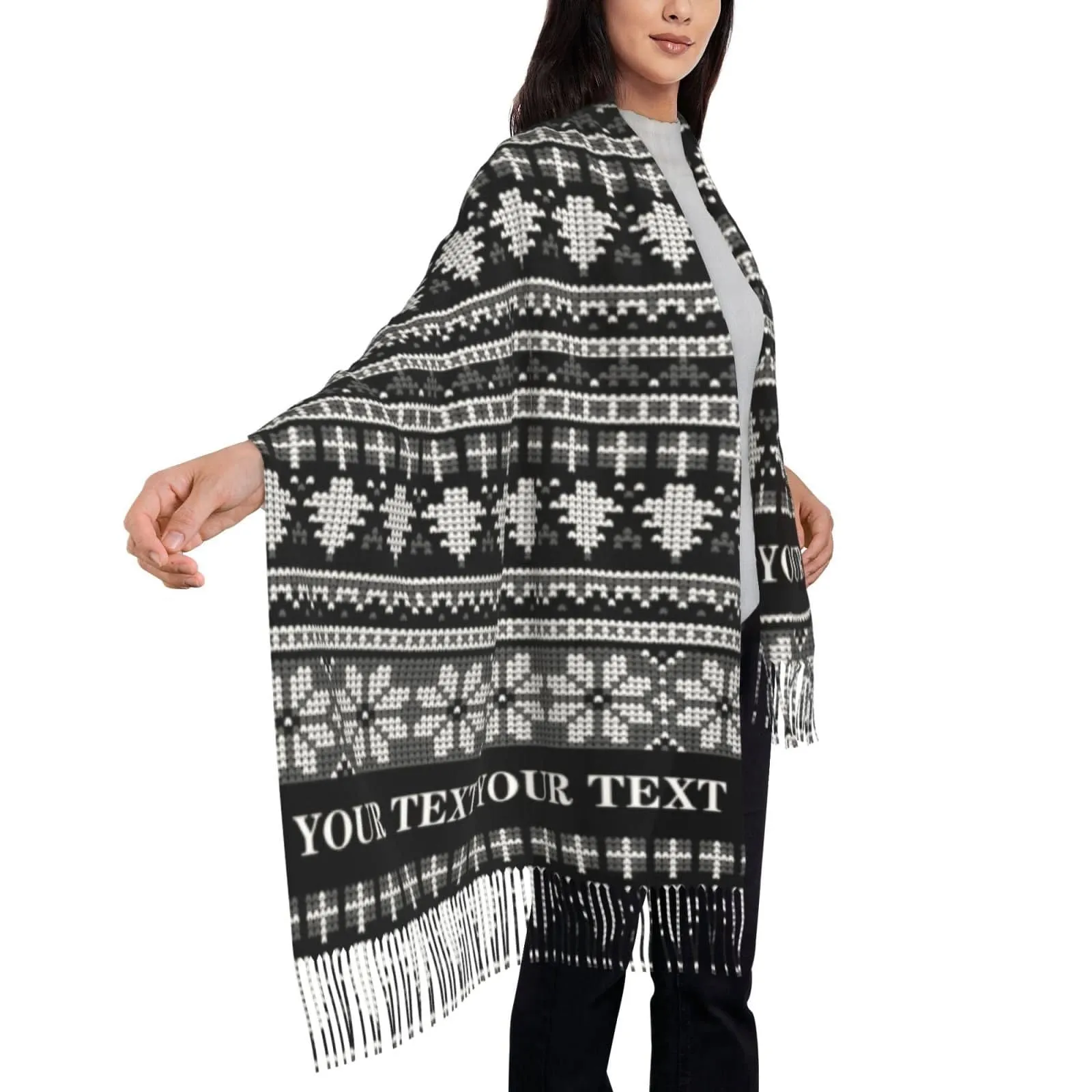 Custom Text Christmas Tree Snowflake Multicolor Women's Tassel Scarf