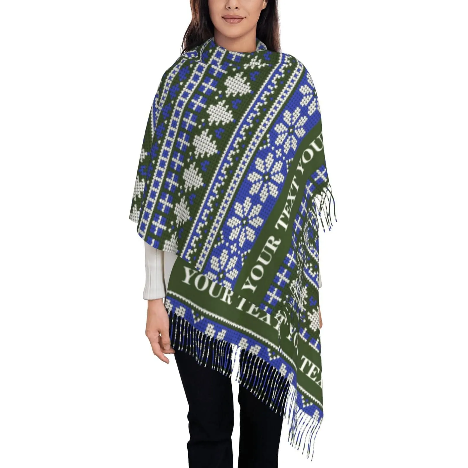Custom Text Christmas Tree Snowflake Multicolor Women's Tassel Scarf