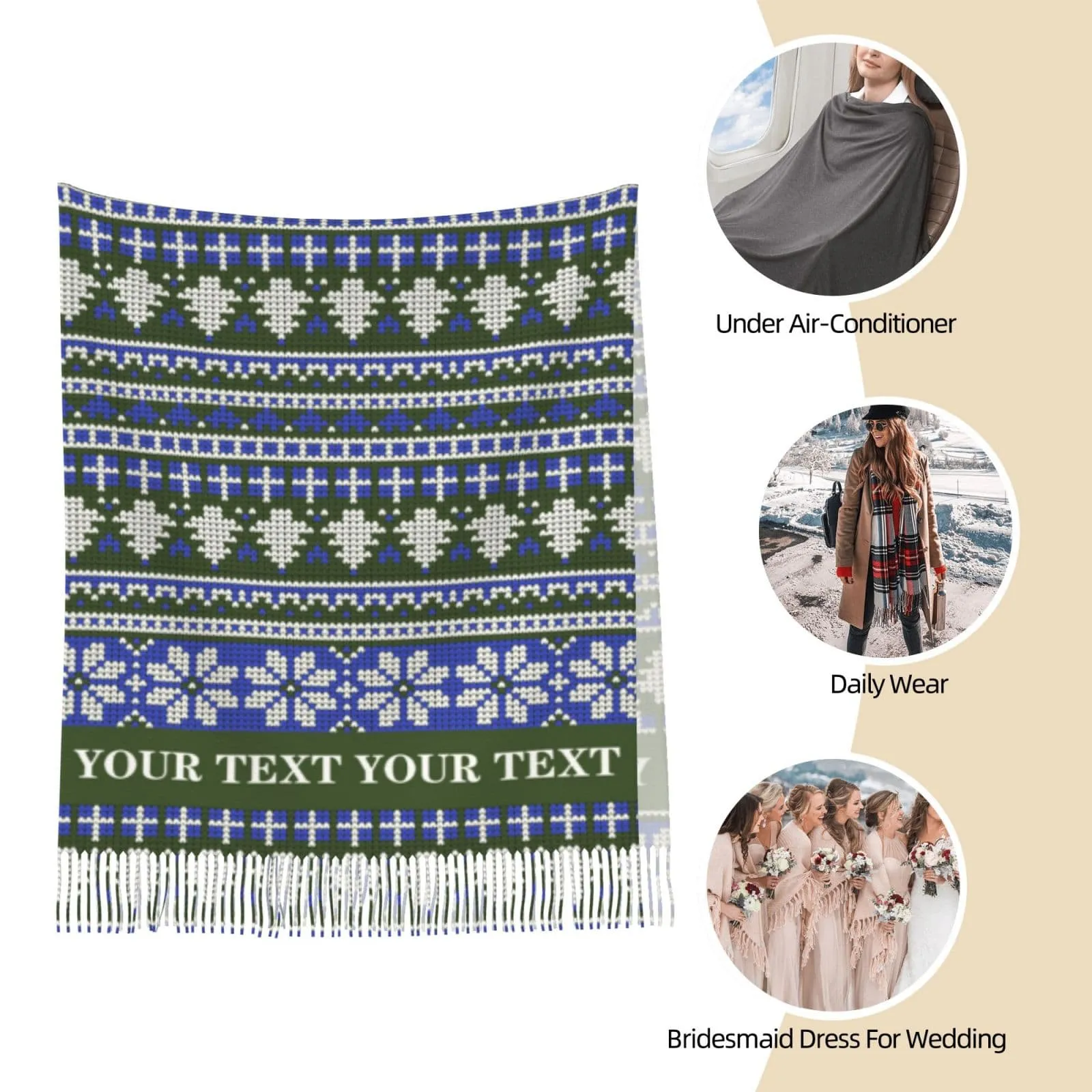 Custom Text Christmas Tree Snowflake Multicolor Women's Tassel Scarf
