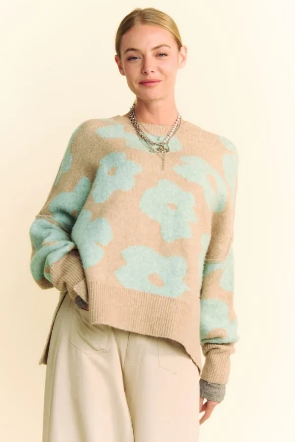 Davi & Dani OVERSIZED Knit Sweater with Floral Print in Taupe/Mint