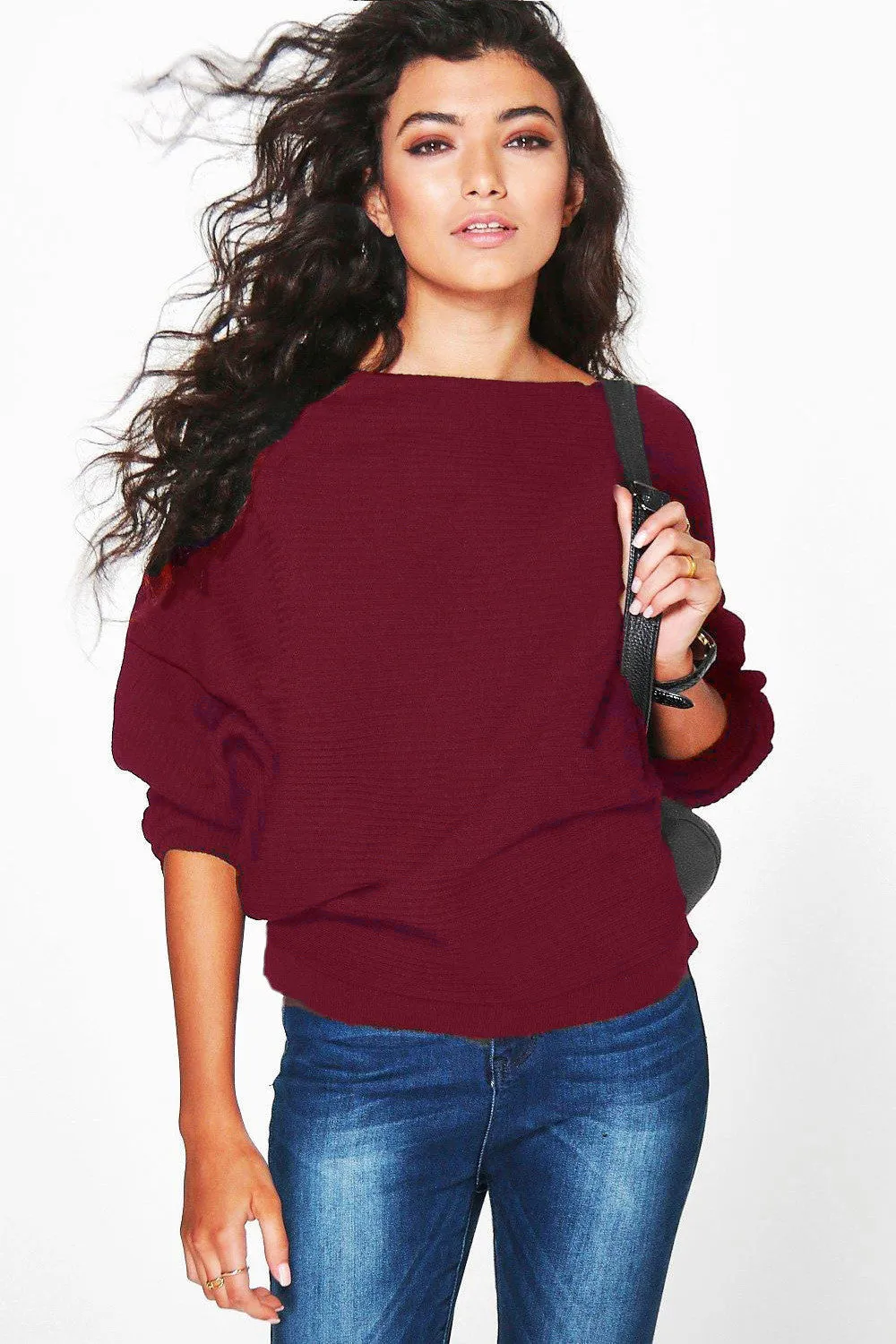 Fashion Loose Bat Sleeve Boat Neck Knit Women's Sweater