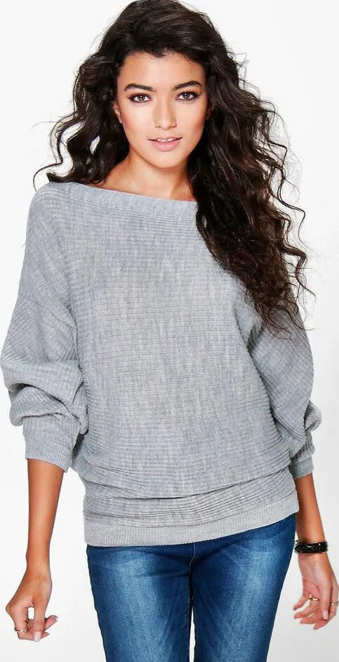 Fashion Loose Bat Sleeve Boat Neck Knit Women's Sweater