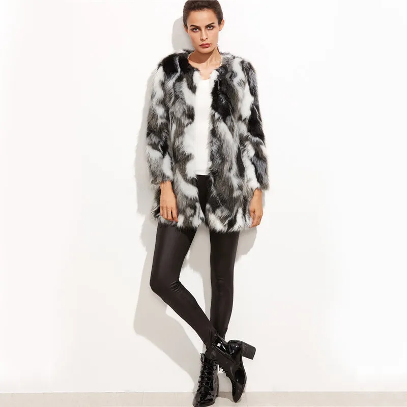 Faux Fur Fuzzy Coat Women ColorBlock Open Front Elegant Autumn Coats Fashion Winter Long Sleeve OL Work Coat Outerwear