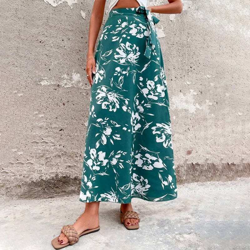 Floral Print Belted Wrap Skirt